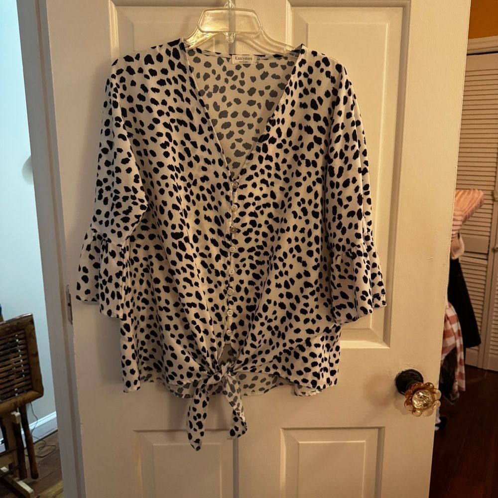 Polka Dot Tie-Front Blouse